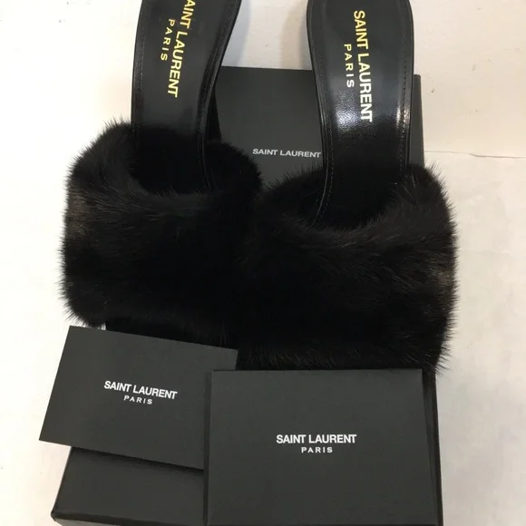 Saint Laurent Paris Roy Mink & Leather Mules Heels Size 38. Made in Italy - Picture 6 of 15